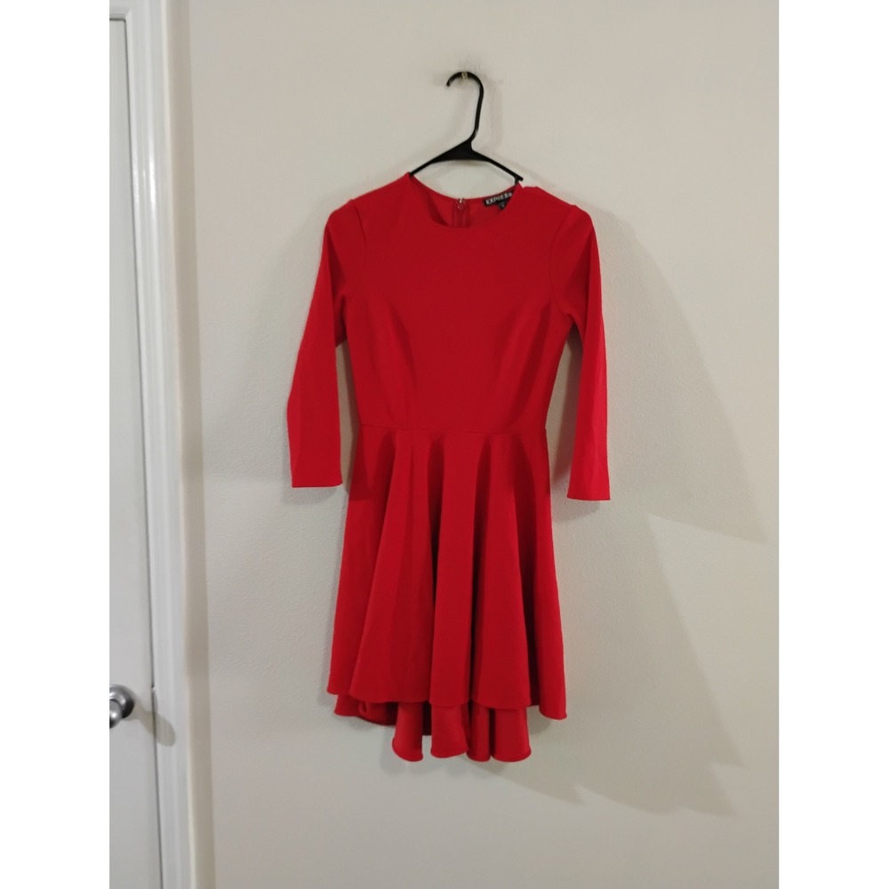 Express Red Fit and Flare High Low Dress 3/4 Sleeve XS